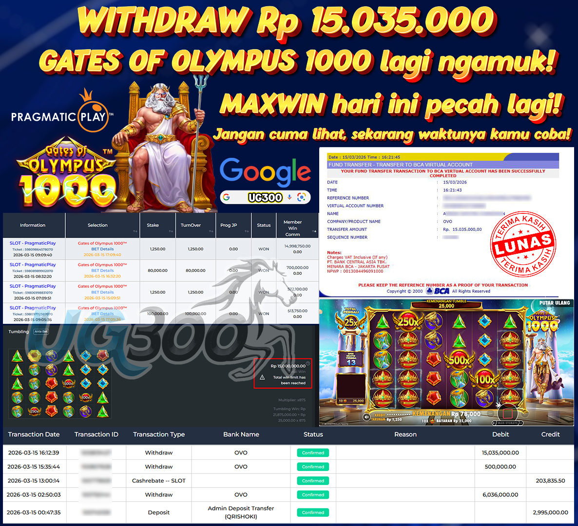 UG300 BERMAIN GATES OF OLYMPUS 1000 DAPAT MAXWIN WD Rp.15,035,000- DI BAYAR TUNTAS